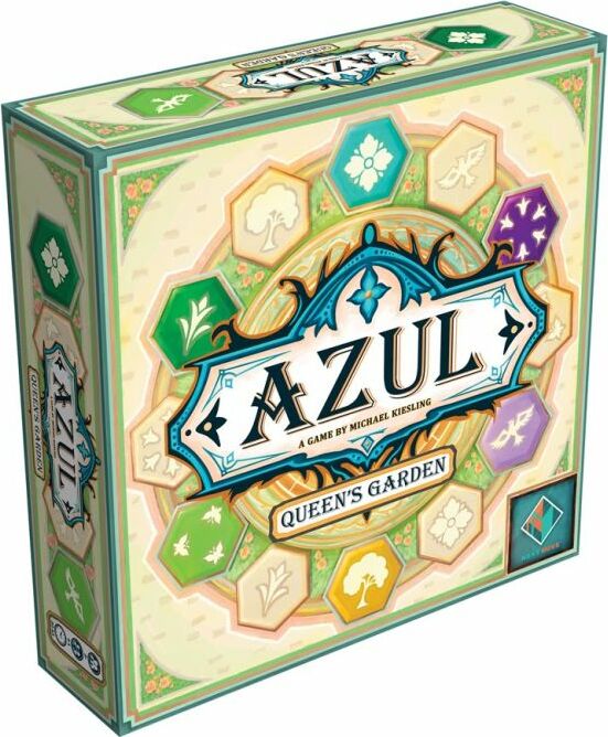 Azul: Queen's Garden game box featuring intricate tile designs and vibrant colors. The cover showcases the title 'Azul' and the subtitle 'Queen's Garden,' emphasizing the game's unique aesthetic and creativity.