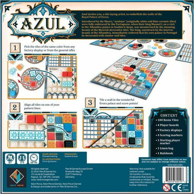 The game Azul by Plan B Games, featuring a beautifully illustrated back cover that includes the game instructions and components. The design showcases colorful tiles and three steps to play, emphasizing tile selection, alignment, and scoring. The game is set against a backdrop representing a palace, reflecting the Moorish decorative style.