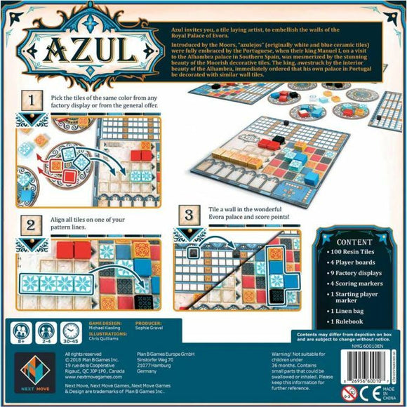 The game Azul by Plan B Games, featuring a beautifully illustrated back cover that includes the game instructions and components. The design showcases colorful tiles and three steps to play, emphasizing tile selection, alignment, and scoring. The game is set against a backdrop representing a palace, reflecting the Moorish decorative style.