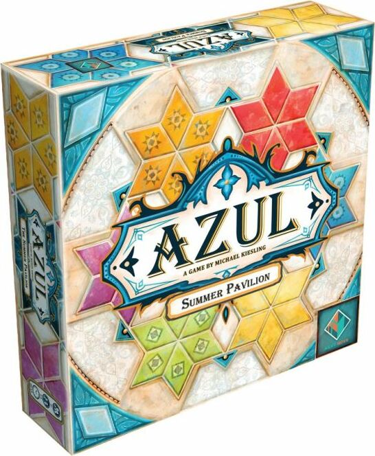 The board game 'Azul: Summer Pavilion' features a beautifully designed box with intricate geometric patterns in vibrant colors like blue, yellow, red, and orange. The title 'Azul' is prominently displayed on the front, along with the subtitle 'Summer Pavilion' and the designer's name, Michael Kiesling. The box is designed for both aesthetic appeal and to reflect the game's theme of tile placement.