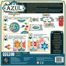 The Azul: Summer Pavilion game by NEXT MOVE GAMES features a colorful and intricate design showcasing tiles and game components. The back of the box includes instructions, images of player boards, scoring markers, and details about the game's contents, teaching players how to select and lay tiles to score points. This elegant game invites players to build decorative pavilions while engaging in strategic play.