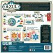 The back cover of the board game 'Azul: Summer Pavilion' by NEXT MOVE GAMES. It features colorful graphics illustrating gameplay mechanics, scoring methods, and components of the game. Icons and instructions are clearly displayed, showcasing the strategic and artistic elements of the game, which invites players to create beautiful tile patterns.