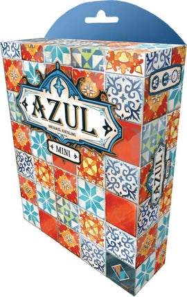 The Travel Azul game by NEXT MOVE GAMES features a beautifully designed box with colorful tile patterns. The front showcases the title 'AZUL' prominently and includes the designer's name, Michael Kiesling, indicating it's a mini version. The vibrant colors, including orange, blue, and white, invite players to explore the strategic gameplay inspired by the art of tile laying.