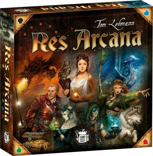 The game 'Res Arcana' by Sand Castle features a beautifully illustrated box cover showcasing characters representing various magical elements. From a powerful wizard wielding a glowing orb to a nature sorceress with a fox, alongside a knight, a dragon, and other enchanting figures, this game promises immersive fantasy gameplay. The rich artwork and diverse character designs invite players into a world of magic and strategy.