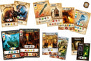 A vibrant game layout showcasing cards from Res Arcana by Sand Castle. The image features various cards with illustrations of characters and items, including a Duelist, Witch, Fire Dragon, and locations like Sunken Reef and Solomon's Mine. The cards display unique symbols representing different resources and abilities, perfect for strategic gameplay.