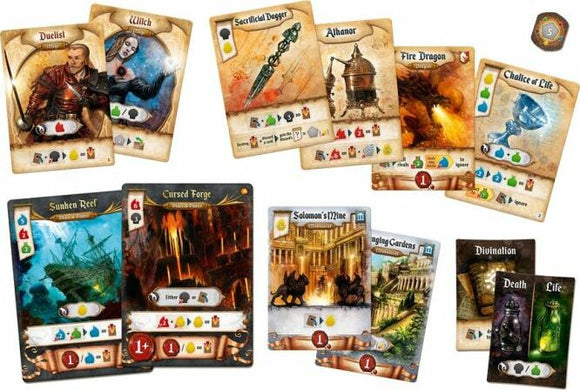 A vibrant game layout showcasing cards from Res Arcana by Sand Castle. The image features various cards with illustrations of characters and items, including a Duelist, Witch, Fire Dragon, and locations like Sunken Reef and Solomon's Mine. The cards display unique symbols representing different resources and abilities, perfect for strategic gameplay.
