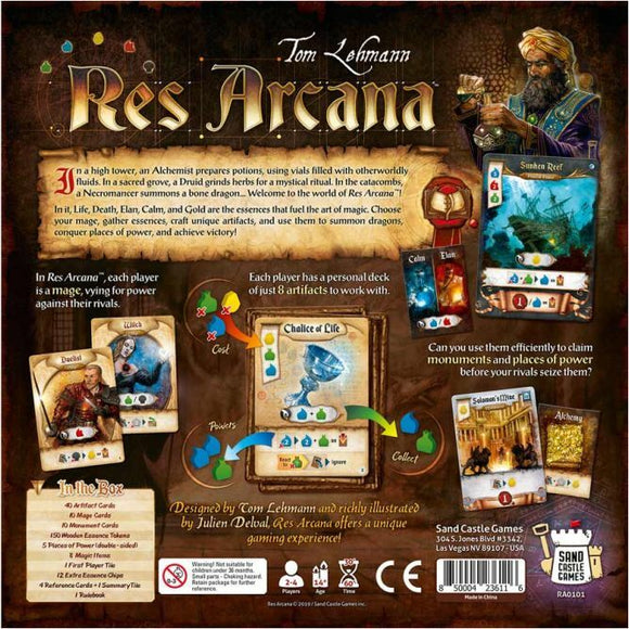 Res Arcana board game by Sand Castle. The back cover displays various game components, including descriptions of unique artifacts, abilities, and gameplay mechanics. The artwork features an alchemist, a druid, and illustrations of essential resources like Life, Death, Calm, and Gold. The text highlights that each player acts as a mage competing for power, utilizing magical items and resources to summon dragons and conquer locations.