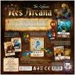 The back of the Res Arcana game box by Sand Castle, showcasing game components including cards, game board, and other visuals. Features intricate artwork and detailed descriptions of gameplay mechanics, suitable for strategy enthusiasts.