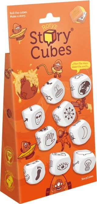 Rory's Story Cubes Classic by Zygomatic, featuring a colorful packaging with illustrations. Contains nine white dice with various symbols to inspire storytelling.