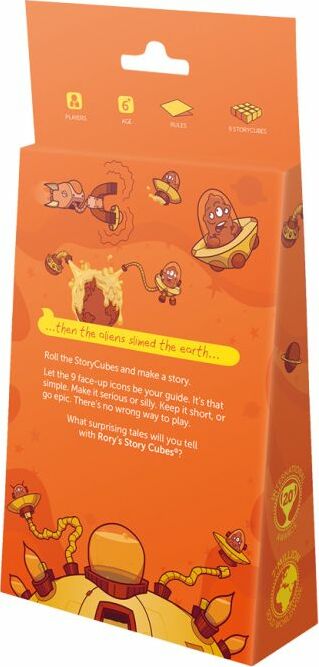 Rory's Story Cubes Classic by Zygomatic, featuring a vibrant orange packaging decorated with whimsical illustrations of aliens and storytelling elements. The back shows how to play, emphasizing creativity and imagination with StoryCubes for endless fun.