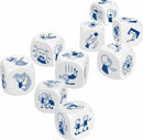 Rory's Story Cubes Actions featuring nine dice, each with various illustrations depicting different actions such as juggling, crying, and pointing. The cubes are white with blue graphics, designed for storytelling and creativity.