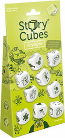 Rory's Story Cubes Voyages game featuring a colorful packaging with images of 9 storytelling dice. Each die has unique illustrations representing different themes and adventure elements to inspire creative storytelling.