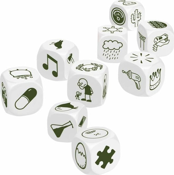 A set of Rory's Story Cubes Voyages featuring nine white dice, each displaying different green icons such as a music note, a cloud, a dinosaur, and a puzzle piece. The game encourages creativity and storytelling by rolling the dice and using the images as prompts.