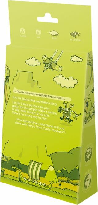 Rory's Story Cubes Voyages game packaging featuring whimsical illustrations of adventures and storytelling prompts. The vibrant green box includes imagery of characters and scenes for imaginative play, hinting at the creative possibilities of the game. The back highlights instructions on using the dice to create stories, emphasizing fun and creativity.