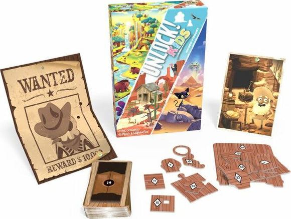The product image depicts the game "Unlock Kids" by Space Cowboys, showing the colorful game box, various character cards, a "Wanted" poster, and game pieces arranged on a surface, suitable for family fun and adventure.