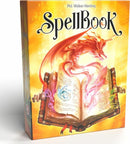 The SpellBook game box features a vibrant illustration of an open book with magical pages. A fiery dragon swirls above the book, accompanied by mystical elements like glowing orbs. The title, 'SpellBook,' is prominently displayed in an ornate font at the top. The background is a warm, fiery hue, enhancing the enchanting aesthetic of this fantasy-themed game by Space Cowboys.