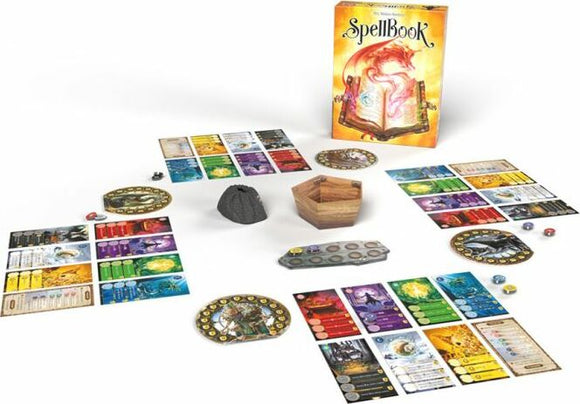 The SpellBook game by Space Cowboys displayed on a white background. The game box features a colorful illustration of a magical scene. Surrounding the box are game components including character cards, spell cards, tokens, a wooden box, and dice, arranged in a visually appealing layout. Each component is designed with vibrant colors and intricate details for an immersive gaming experience.