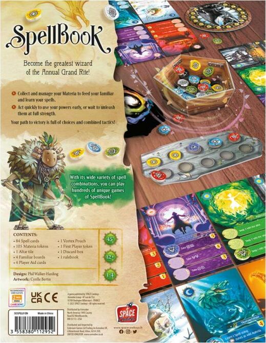 SpellBook game from Space Cowboys. The back of the box showcases vibrant artwork and details about the game's components, including 86 spell cards, 45 Materia tokens, and player aids. Learn spells and manage your Materia to become the greatest wizard. Includes examples of gameplay elements and a description of strategy options, all wrapped in colorful graphics.