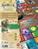 SpellBook game from Space Cowboys. The back of the box showcases vibrant artwork and details about the game's components, including 86 spell cards, 45 Materia tokens, and player aids. Learn spells and manage your Materia to become the greatest wizard. Includes examples of gameplay elements and a description of strategy options, all wrapped in colorful graphics.