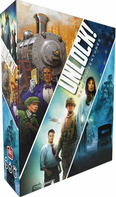 Unlock! Game Adventures is an engaging cooperative board game designed by Space Cowboys, featuring various illustrated scenarios on its box, including scenes of mystery and adventure. The game combines elements of escape rooms with card-based mechanics, stimulating critical thinking and teamwork among players.