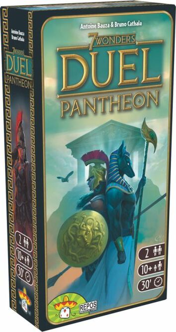 The game box of '7 Wonders Duel: Pantheon' featuring vibrant artwork. The design includes a warrior with a shield and a detailed background depicting ancient gods. The box highlights the game title prominently in gold lettering, along with icons for player count and game duration.