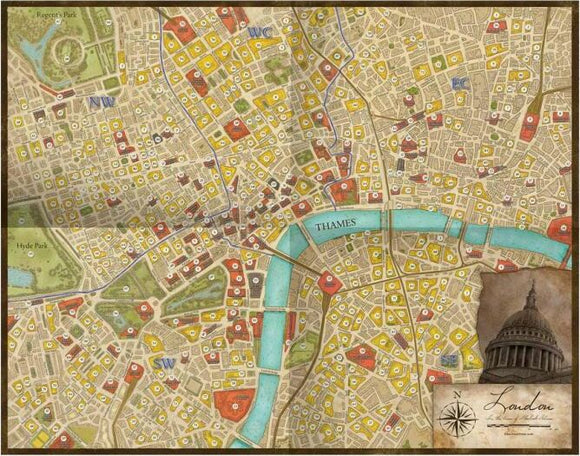 Map of London featuring the areas around Carlton House and Queen's Park, with marked locations and streets, part of the Sherlock Holmes Consulting Detective game by Asmodee.