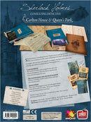 Sherlock Holmes Consulting Detective: Carlton House & Queen's Park game box featuring an assortment of playing materials including maps, cards, and cases. The game invites players to immerse in Victorian London, solving mysteries through content like clues and newspaper articles. Includes notable case details such as Carlton House and Queen's Park settings, designed for 1 to 8 players aged 16 and up, with a playtime of around 90 minutes.