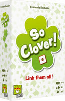So Clover! game box featuring a vibrant green clover design with the title prominently displayed. The packaging indicates it's suitable for 3-6 players, ages 10 and up, with an estimated playtime of 30 minutes. The tagline 'Link them all!' adds an inviting touch, suggesting a fun, interactive experience.