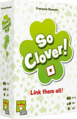 So Clover! game box featuring a vibrant green clover design with the title prominently displayed. The packaging indicates it's suitable for 3-6 players, ages 10 and up, with an estimated playtime of 30 minutes. The tagline 'Link them all!' adds an inviting touch, suggesting a fun, interactive experience.