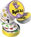 Spot It! Classic game by Zygomatic featuring a vibrant yellow tin that holds circular cards with various colorful symbols. Perfect for fast-paced matching fun with friends and family.