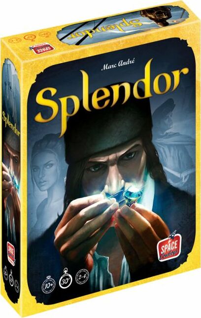 The box for the board game 'Splendor' by Asmodee features a captivating illustration depicting a man holding a gemstone in a dimly lit setting, evoking a sense of mystery and treasure hunting. The title 'Splendor' is prominently displayed in bold letters on the front, with the iconic Space Cowboys logo in the lower right corner. The box design blends artistic elements that suggest strategy and adventure, ideal for game enthusiasts.