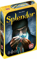 The box for the board game 'Splendor' by Asmodee features a captivating illustration depicting a man holding a gemstone in a dimly lit setting, evoking a sense of mystery and treasure hunting. The title 'Splendor' is prominently displayed in bold letters on the front, with the iconic Space Cowboys logo in the lower right corner. The box design blends artistic elements that suggest strategy and adventure, ideal for game enthusiasts.