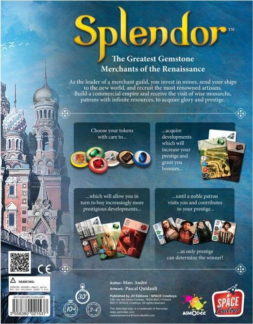 Back of the Splendor board game box featuring the title and subtitle 'The Greatest Gemstone Merchants of the Renaissance'. The design includes artwork of colorful tokens and development cards on a backdrop of a castle in the distance, showcasing the game's mechanics of resource management and strategy. Text highlights key gameplay elements such as acquiring prestige and recruiting patrons.