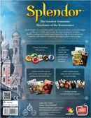 Back of the Splendor board game box featuring the title and subtitle 'The Greatest Gemstone Merchants of the Renaissance'. The design includes artwork of colorful tokens and development cards on a backdrop of a castle in the distance, showcasing the game's mechanics of resource management and strategy. Text highlights key gameplay elements such as acquiring prestige and recruiting patrons.