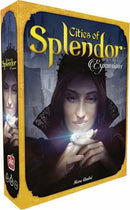 The box of the board game 'Cities of Splendor' features a mysterious woman holding a sparkling gem, set against a backdrop of a medieval city. The artwork is rich and colorful, highlighting the game's theme of gem trading and city building. This elegant game is designed by Marc André and published by Asmodee.