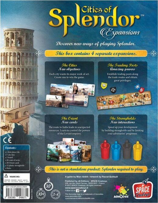 The back cover of the game 'Splendor: Cities of Splendor' by Asmodee, showcasing expansions and gameplay features. Displays illustrations and descriptions of new objectives, powers, cards, and interactions in a colorful and engaging design.