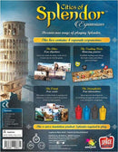 The back cover of the game 'Splendor: Cities of Splendor' by Asmodee, showcasing expansions and gameplay features. Displays illustrations and descriptions of new objectives, powers, cards, and interactions in a colorful and engaging design.