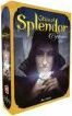 The box of the board game 'Splendor: Cities of Splendor' by Asmodee features an intricately designed cover showing a mysterious character holding a glowing gem, surrounded by a dark, enchanting background. The game's title is prominently displayed in elegant lettering, alluding to themes of strategy and wealth-building.