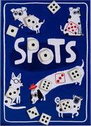 Product image of 'Spots', a fun and engaging game featuring playful illustrations of various dogs and dice. The background is blue with the title 'SPOTS' prominently displayed. The dogs are adorned with different accessories and have unique patterns, creating a vibrant and whimsical look, perfect for game enthusiasts.