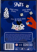 The game 'Spots' by CMYK features colorful illustrations of dogs and dice on its packaging. The design includes playful text stating 'Dogs Have Spots, Dice Have Spots, Fill in Your Dogs to Win!' It suggests a fun game of rolling dice, with gameplay that involves matching spots on dog illustrations. The game can be played by 1 to 4 players and lasts approximately 30 minutes.