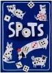 The game 'Spots' by CMYK features a playful design with illustrations of spotted dogs and dice on a vibrant blue background. The title 'SPOTS' is prominently displayed in white, enhancing its eye-catching appeal. Ideal for family game nights, this game promises fun and engagement for players of all ages.