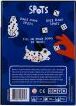 Spots game by CMYK featuring colorful graphics on a blue background. The back of the packaging displays instructions and illustrations of game components, including dice and playful characters. Ideal for family game nights and enhancing strategic thinking in a fun environment.