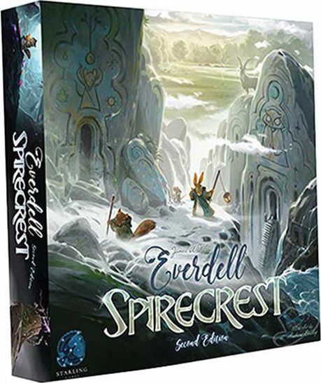 The Everdell Spirecrest Expansion box features beautiful fantasy art depicting a mystical landscape with whimsical characters, including a rabbit and a mouse, exploring ancient stone structures. The title 'Everdell Spirecrest' is prominently displayed on the box in an elegant font, with a serene color palette that enhances its enchanting theme.