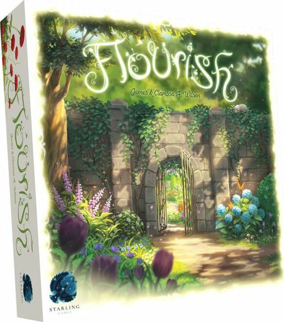 The board game 'Flourish' by Tabletop Tycoon features a beautifully illustrated cover depicting a lush garden with a stone archway and vibrant flowers. The title is styled in whimsical lettering, capturing a magical and inviting atmosphere.