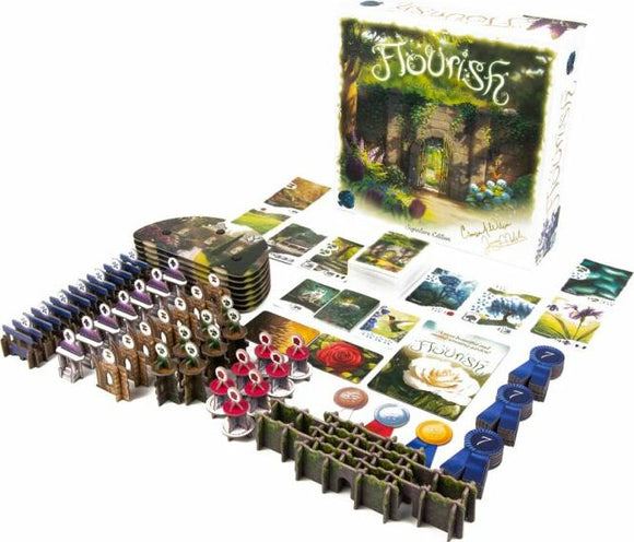 Flourish board game by Tabletop Tycoon. The image shows the intricately designed game box alongside an array of game components including cards, tokens, and pieces laid out attractively. The thematic artwork features lush greenery and flowers, capturing the essence of gardening and strategy gameplay.