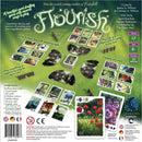 Flourish, a vibrant card game from Tabletop Tycoon, featuring beautifully illustrated components for players to create their own gardens. The game includes 98 illustrated cards, 7 scoreboards, ribbons, metal tokens, and unique game mechanics allowing competitive or cooperative play for 1-7 players aged 8 and above, with an estimated playtime of 20 minutes. The back of the box showcases the game's artistic design and easy-to-learn rules.