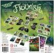 The back cover of the game Flourish by Tabletop Tycoon, displaying various components including cards, tokens, and game board setup. The vibrant design includes lush green backgrounds and illustrations, inviting players to engage in a fun, strategic gameplay experience. Game details, player instructions, and artwork are prominently featured.