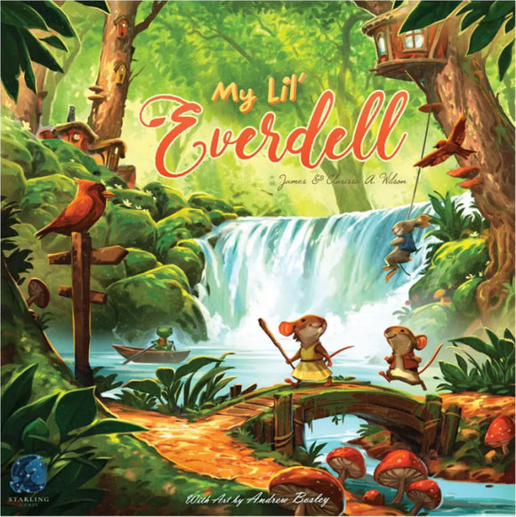 Colorful box cover of 'My Lil' Everdell', a family board game by Starling Games. The artwork features adorable mouse characters exploring a lush forest with a waterfall, treehouses, and vibrant wildlife.