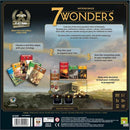 7 Wonders game by Repos. The back of the game box outlines gameplay instructions, including choosing cards, expanding cities, and trading with neighbors. It emphasizes strategic development of civilization. Features vibrant illustrations and provides details about players, age recommendations, and game duration.