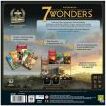 The back of the 7 Wonders game box by Repos, featuring vibrant illustrations and details about the game components, including cards and gameplay mechanics. The design showcases various civilizations and wonders, highlighting the strategic nature of the game.